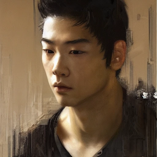 Ruan Jia, night, high detail face, sharp eyes, oil painting, comma head, young, handsome man, 4K, light and shadow, a Japanese classroom in the background