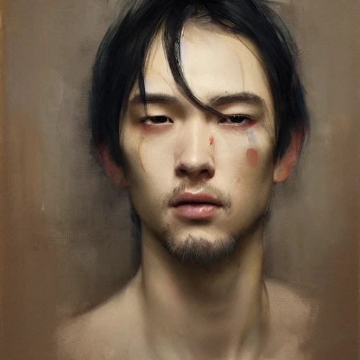 Ruan Jia, night, high detail face, sharp eyes, oil painting, tied hair, handsome man, Japanese youth, 4K, light and shadow