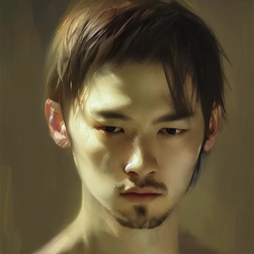 Ruan Jia, night, high detail face, sharp eyes, oil painting, tied hair, handsome man, Japanese youth, 4K, light and shadow