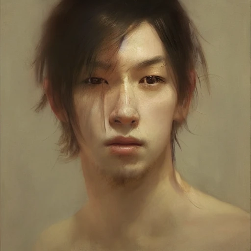Ruan Jia, night, high detail face, sharp eyes, oil painting, tied hair, handsome, Japanese youth, 4K, light and shadow
