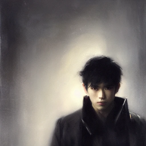 
Ruan Jia, night, high detail face, sharp eyes, oil painting, tied hair, black hair, handsome, Japanese youth, wearing a trench coat, 4K, light and shadow