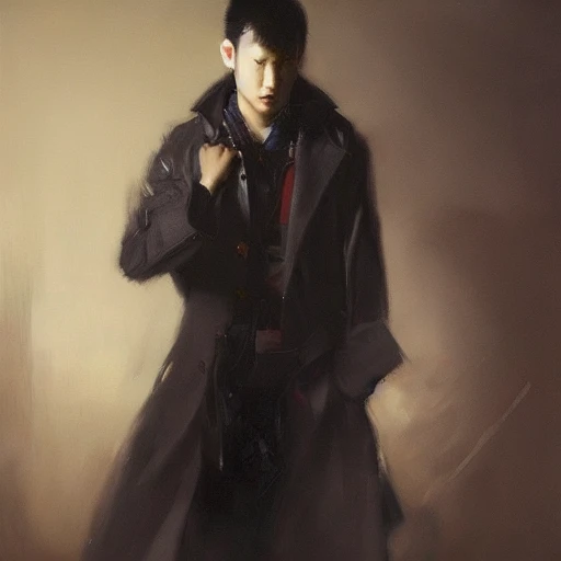 
Ruan Jia, night, high detail face, sharp eyes, oil painting, tied hair, black hair, handsome, Japanese youth, wearing a trench coat, 4K, light and shadow