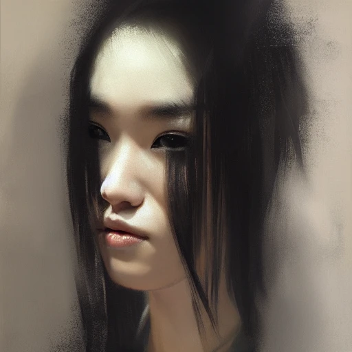 Ruan Jia, night, high detail face, high detail brown eyes, oil painting, black hair, Japanese, youth, wearing a trench coat, 4K, light and shadow