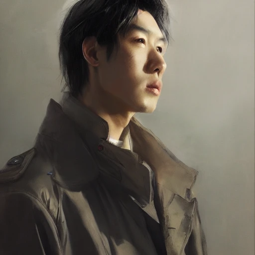 Ruan Jia, night, high detail face, high detail brown eyes, oil painting, black hair, Japanese, youth, male, wearing a trench coat, 4K, light and shadow