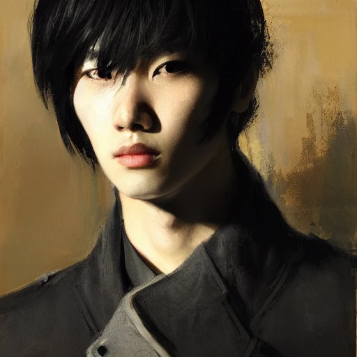 Ruan Jia, night, high detail face, high detail brown eyes, oil painting, black hair, Japanese, youth, male, wearing a trench coat, 4K, light and shadow