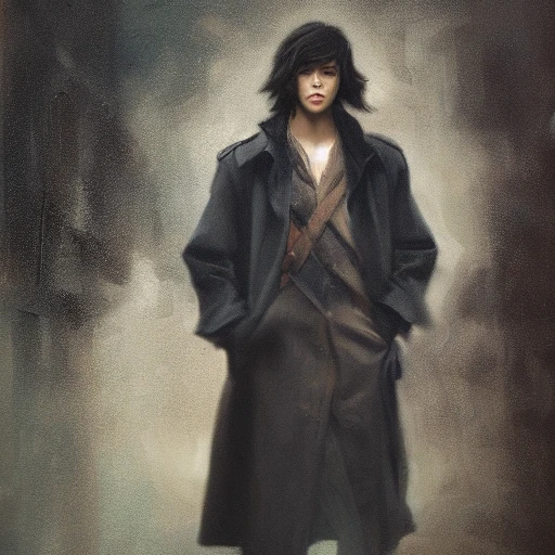 Ruan Jia, night, high detail face, high detail brown eyes, oil painting, high detail black hair, Japanese, youth, male, wearing a trench coat, 4K, light and shadow
