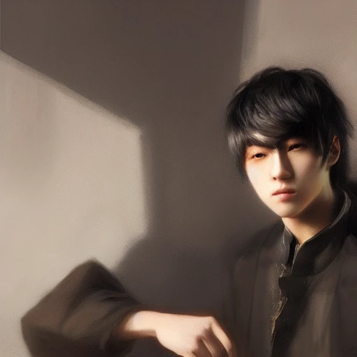 Ruan Jia, night, high detail face, high detail brown eyes, oil painting, high detail black hair, Japanese, youth, male, wearing jacket, 4K, light shadow
