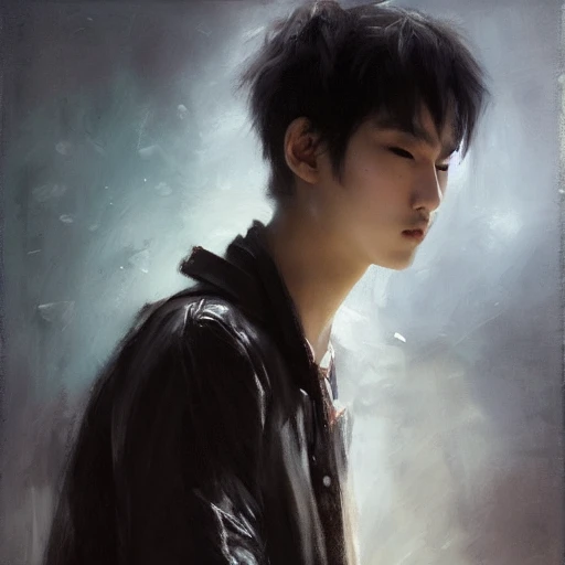 Ruan Jia, night, high detail face, high detail brown eyes, oil painting, high detail black hair, Japanese, youth, male, wearing jacket, 4K, light shadow