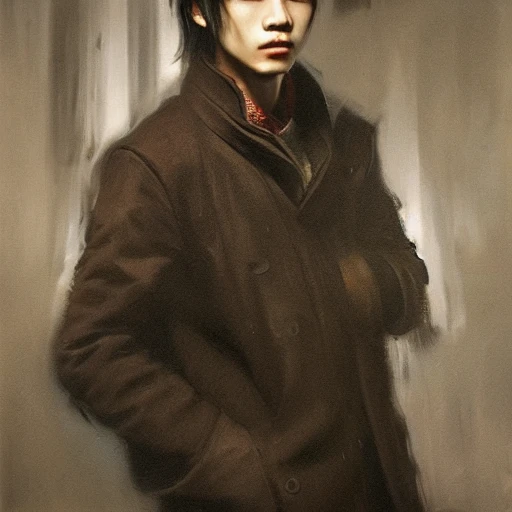 Ruan Jia, night, high detail face, high detail brown eyes, oil painting, high detail black hair, Japanese, youth, male, wearing coat coat, 4K, light and shadow