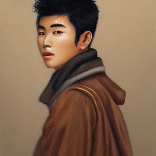 High detail face, high detail brown eyes, oil painting, high detail black hair, Japanese, youth, male, wearing coat coat, 4K, light shadow