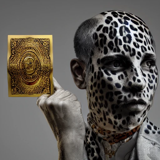 Portrait of man with leopard face, perfect face, face in high detail, ornate clothes, clothes sewn with copper coins, smell of money, holding banknotes, oil painting, hyper realistic, film, volumetric lighting, 150 mm, octane render, Realistic, Noise Reduction, Photo taken with Hasselblad H3DII, Dramatic Lighting, Cinematic, Digital Art, Sharp Focus, Trend on Art Station, Trees, Bushes, Forest, Dramatic Lighting, Cinematic Lighting, Detailed environment, concept art drawing of fantasy forest at night, ink style, ink illustration, realistic, detailed, cel shadows,, Water Color, Oil Painting