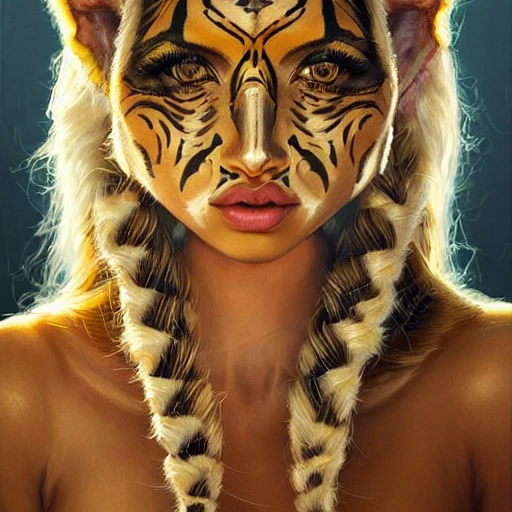Tiger girl portrait, long hair in a braid, tiger ears, striped fur, pretty visuals, aesthetic, shadow effect, shimmer, glow, golden, glowing, insanely detailed and intricate, highly detailed, artstation by wlop, by artgerm, art by tom bagshaw, atey ghailan, andrew atroshenko, stanley artgerm., Oil Painting