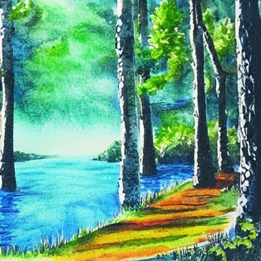 fairy tale, water color, forest, lake, blue, green