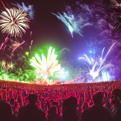 Awakenings Festival with cats, photography, fireworks, redshift, cinematic, 4d, fantasy