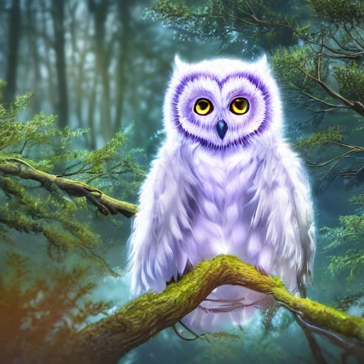white Glowing baby owl in the fantastic forest, purple eyes, highly detailed wing, digital art, sharp focus, trending on art station, trees, bushes,3D, dramatic lighting, cinematic lighting, detailed surroundings, by bandai namco artist