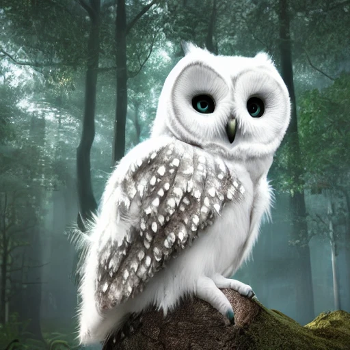 white Glowing baby owl in the fantastic forest, purple eyes, highly detailed wing, digital art, sharp focus, trending on art station, trees, bushes,3D, dramatic lighting, cinematic lighting, detailed surroundings, by bandai namco artist, add lotus