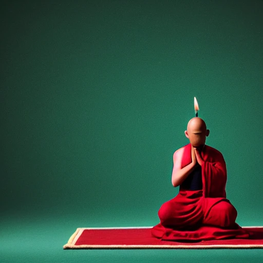 monk praying to green and red candlesticks, cinematic, 4k, blurred background