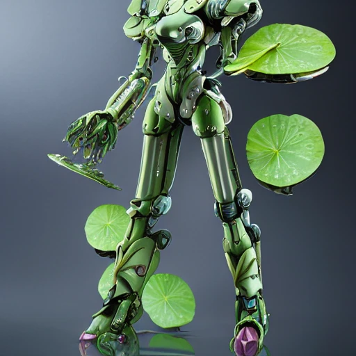 futuristic nymphaea themed mecha waterlily flower for upper body android, cyberpunk, rococo, sci - fi movie, cinematic compositions, highly detailed, nymphaea, 8 k hd resolution, sazabi, biomechanical, bandai box art, makoto kobayashi, zaha hadid, 