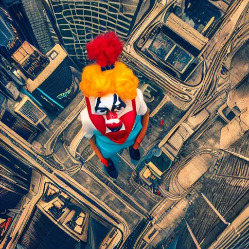 portrait of a clown, 50mm, blade runner cityscape, birds eye view, cinematic, super detailed