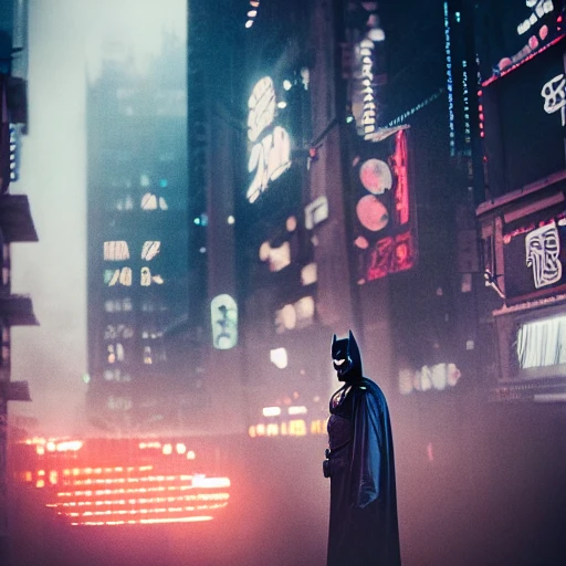 portrait of batman in a blade runner city, 50mm, photography, cinematic, super detailed, hyper real