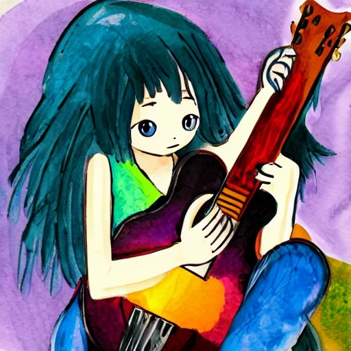, Cartoon, Water Color, guitarist, girl playing white guitar, anime, sitting, sofa