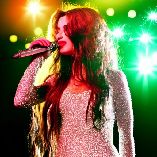 Realistic, woman, singer, long dress, detailed, long hair, beautiful, sparkles, stage, microphone