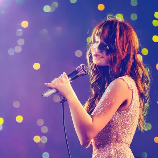 Realistic, woman, singer, long dress, detailed, long hair, beautiful, sparkles, stage, microphone, delicate face, photograph, heart shaped face