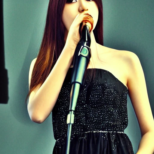 Realistic, woman, singer, long dress, detailed, long hair, beautiful face, sparkles, stage, microphone, delicate face, photograph, heart shaped face, delicate face, almond eyes, small lips, delicate nose