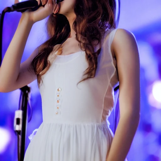 Realistic, full body, woman, singer, long white dress, detailed, long hair, beautiful face, sparkles, stage, microphone, delicate face, photograph, heart shaped face, delicate face, almond eyes, small lips, delicate nose 