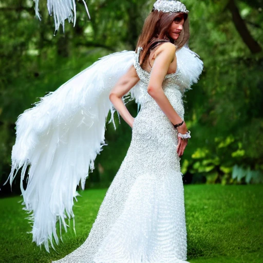 Realistic, full body, long white dress, highly detailed, sparkles, photograph, pearl details, frizzles, butterfly, better