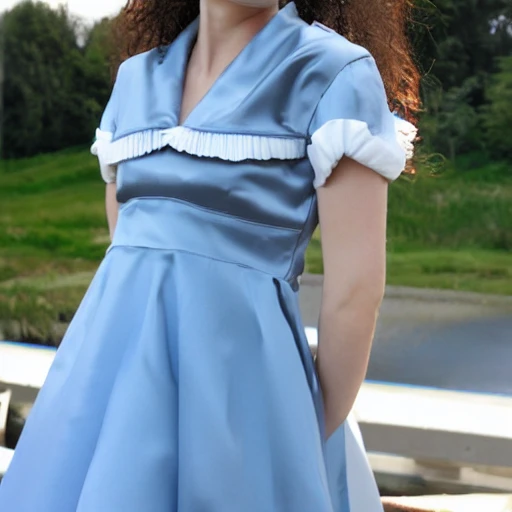 Realistic, high fashion, haute couture, sailor dress, highly detailed, satin, photograph, blue, white, frizzles, moon, rod