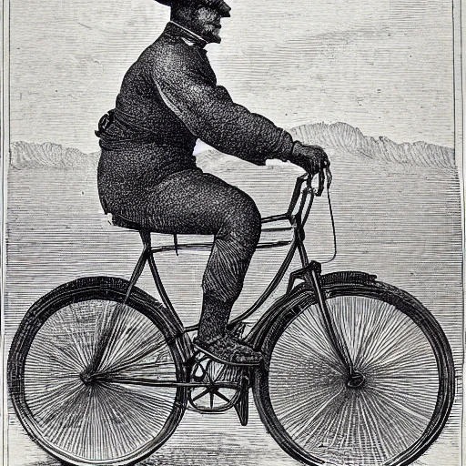 engraving art of a salmon riding bicycle, B&W etching, ultra detailed, victorian illustration, clean crisp lines, aged paper 