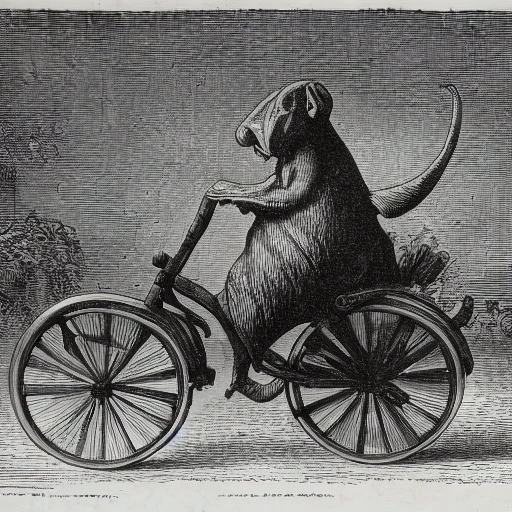 engraving art of a fish riding a bicycle, B&W etching, ultra detailed, Victorian illustration, clean crisp lines, aged paper 