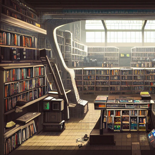 A digital illustration of a cyberpunk library with futuristic machines, 4k, incredibly detailed, trending in artstation, science fiction, futurist 