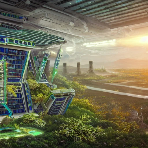 A digital illustration of a solarrpunk library with futuristic machines and plants, 4k, incredibly detailed, trending in artstation, science fiction, futurist 