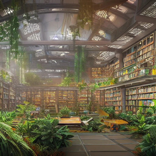 A digital illustration of a solarpunk library with futuristic machines and plants, many books, 4k, incredibly detailed, trending in artstation, science fiction, futurist 