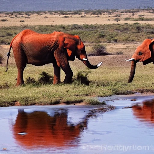 red elephant andblue donkey drinking at a water hole in the Serengeti