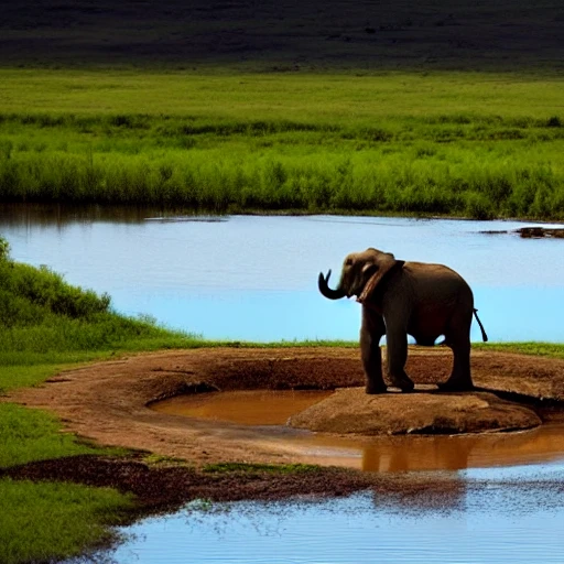 red elephant staring at the reflection of blue Donkey in a water hole in the Serengeti
