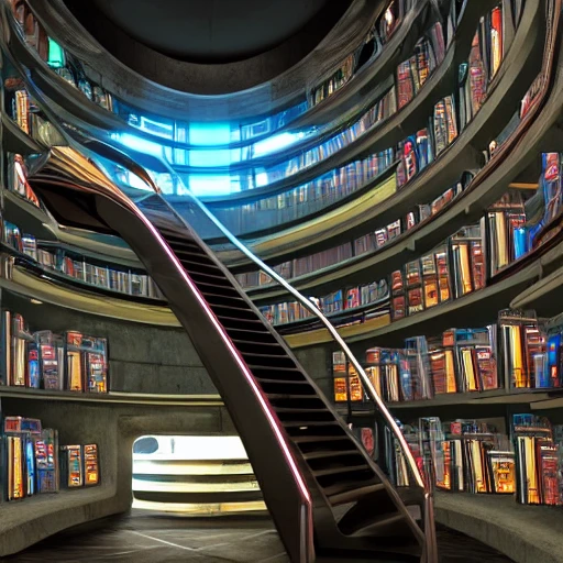 a cyberpunk library with futuristic machines, many books, gritty, 4k, incredibly detailed, trending in artstation, futuristic spiral staircase, science fiction, futurist 