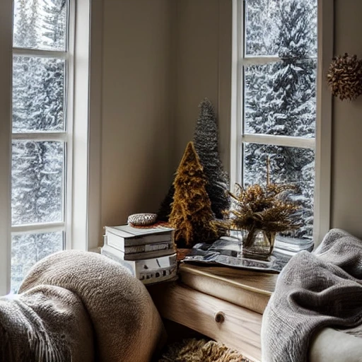 cozy reading nook, soft pillows and blankets, books, cup of tea and cookies on a small table, window with winter forest scene outside, highly detailed, hazy winter lighting, warm glow, comforting 