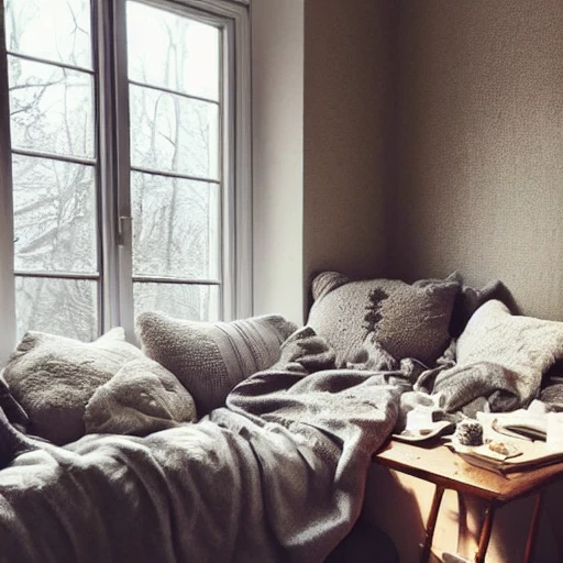 cozy reading nook, soft pillows and blankets, books, plate of croissants on a small table, window with melancholy rainy forest scene outside, highly detailed, hazy winter lighting, warm glow, comforting 