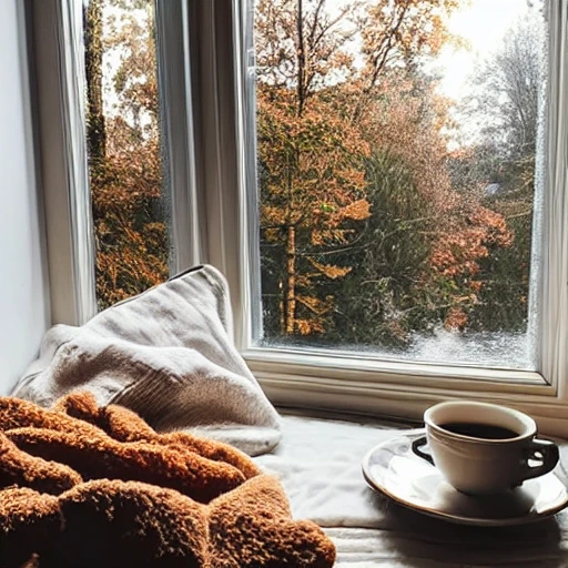 cozy reading nook, soft pillows and blankets, books, plate of croissants on a small table, window with melancholy rainy forest scene outside, highly detailed, hazy autumn lighting, warm glow, comforting 