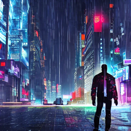 Cyberpunk, man standing in the rain on the street, Soldier 76, M ...