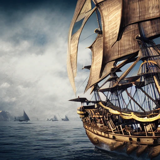steampunk theme flying sails ship, 4k, hyper realistic, dramatic background, professional photography
