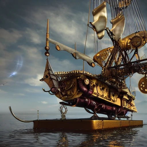 steampunk theme flying ship, 4k, hyper realistic, dramatic background, professional photography