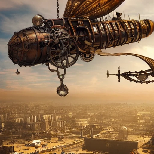steampunk flying ship, 4k, hyper realistic, steampunk city in the background, professional photography