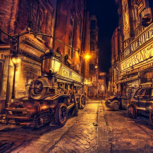steampunk city street, 4k, hyper realistic, professional photography