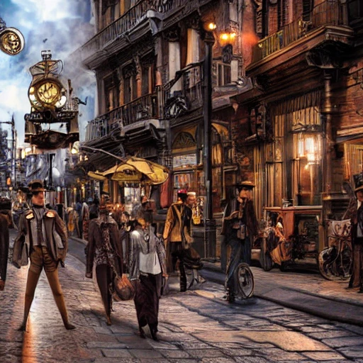 steampunk city street with people, 4k, insanely realistic, professional photography