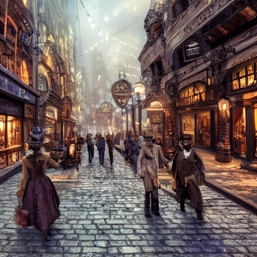 steampunk city street with people, 4k, insanely realistic, sharp, detailed, denoise, professional photography