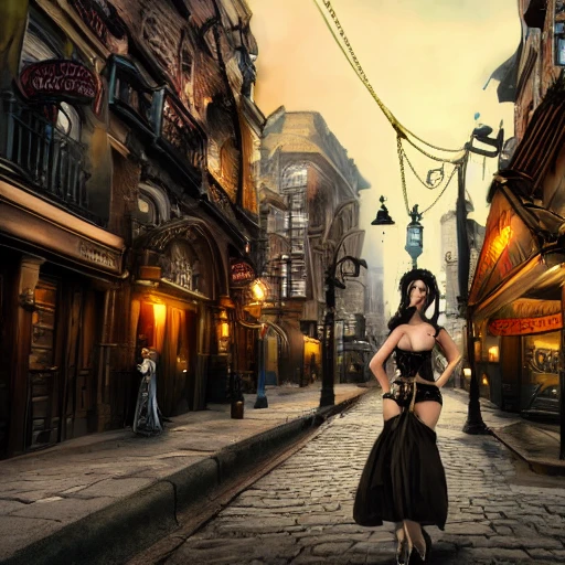 steampunk city street with beautiful sexy young woman, 4k, insanely realistic, sharp, detailed, denoise, professional photography